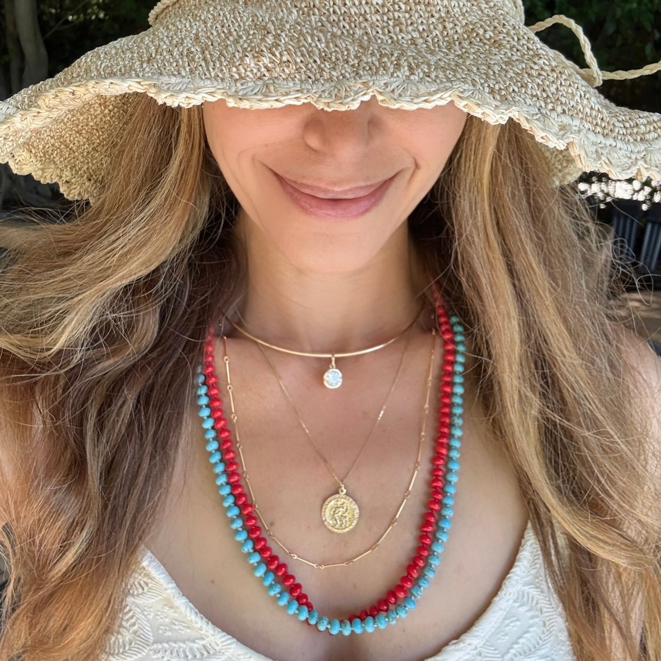 Long Turquoise Beaded Necklace by Becket & Quill, handmade in Los Angeles - detail view
