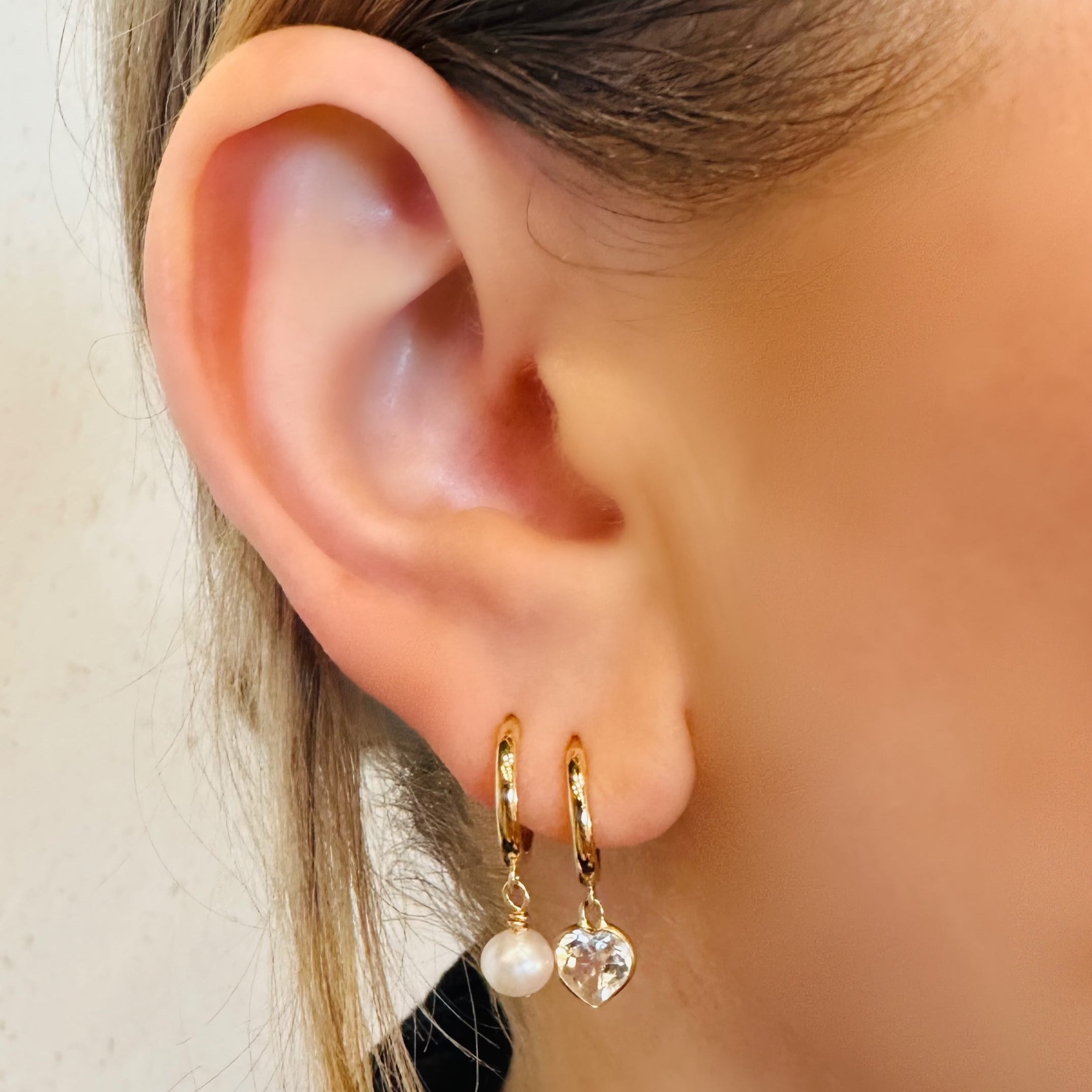 Pearl Huggies by Becket & Quill, handmade in Los Angeles - detail view