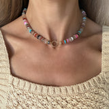 Rainbow Heishi Bead Necklace by Becket & Quill, handmade in Los Angeles - worn close-up