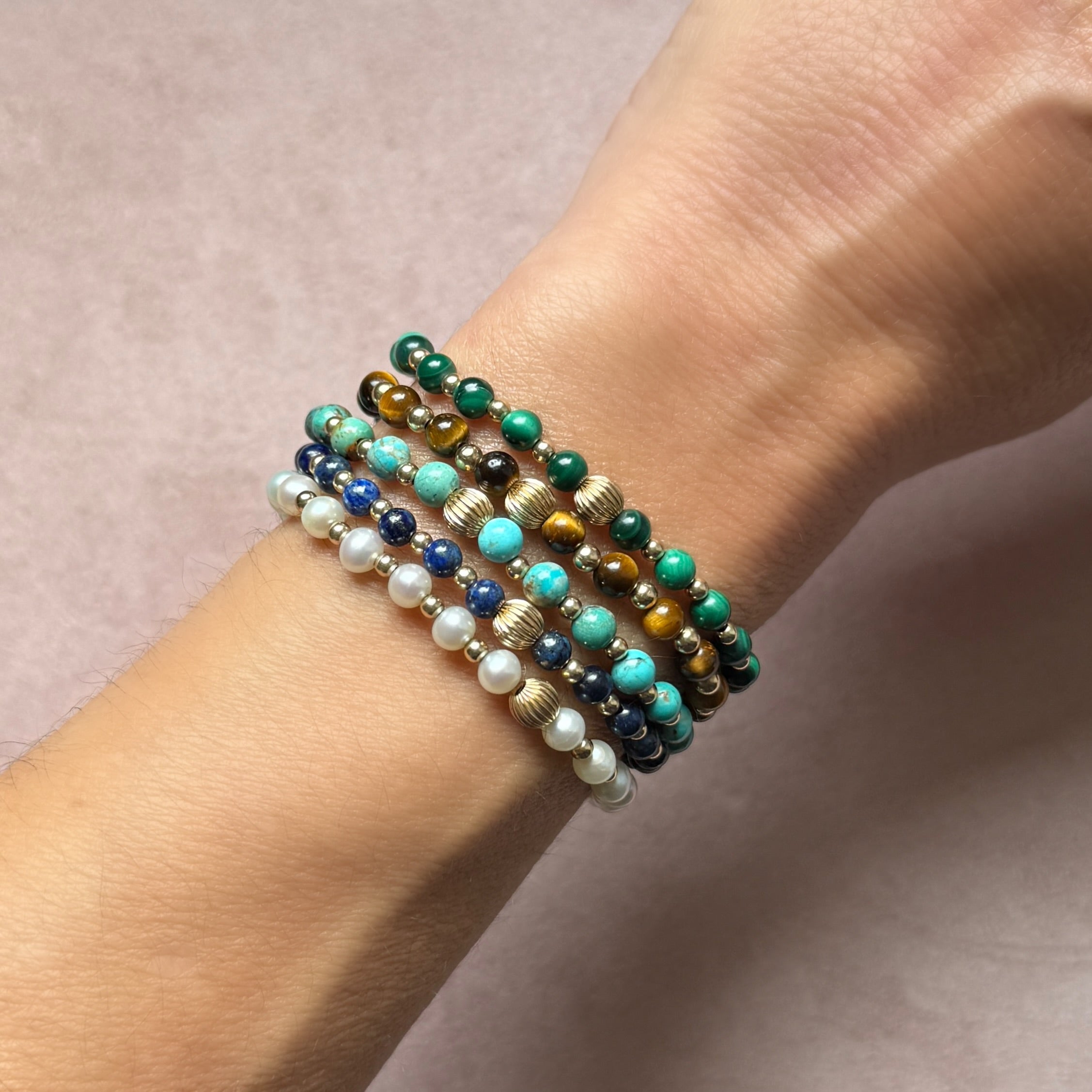 Tiger's Eye Stretch Bracelet by Becket & Quill, handmade in Los Angeles - detail view