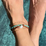 BQ + NM Leather And Pearl Anklet by Becket & Quill, handmade in Los Angeles - worn close-up
