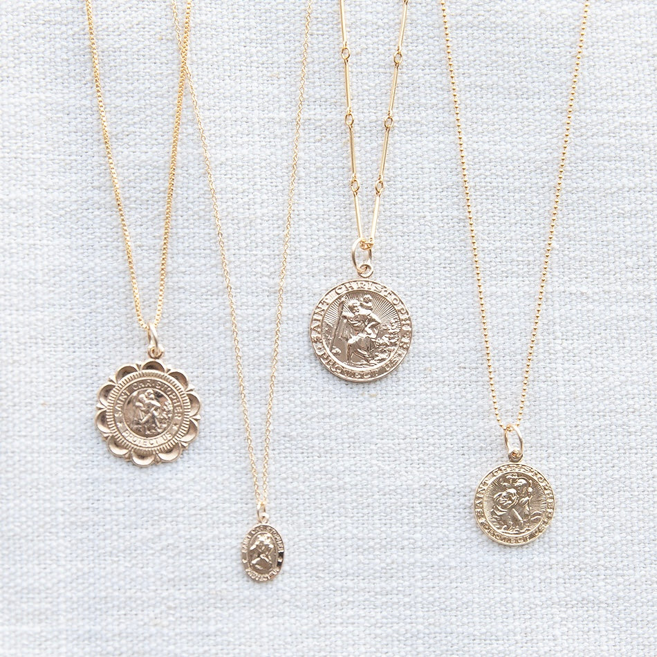 Large St. Christopher Necklace by Becket & Quill, handmade in Los Angeles - worn close-up