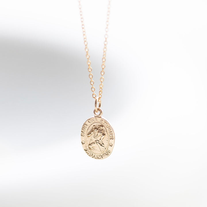 Petite St Christohper Necklace by Becket & Quill, handmade in Los Angeles - worn close-up