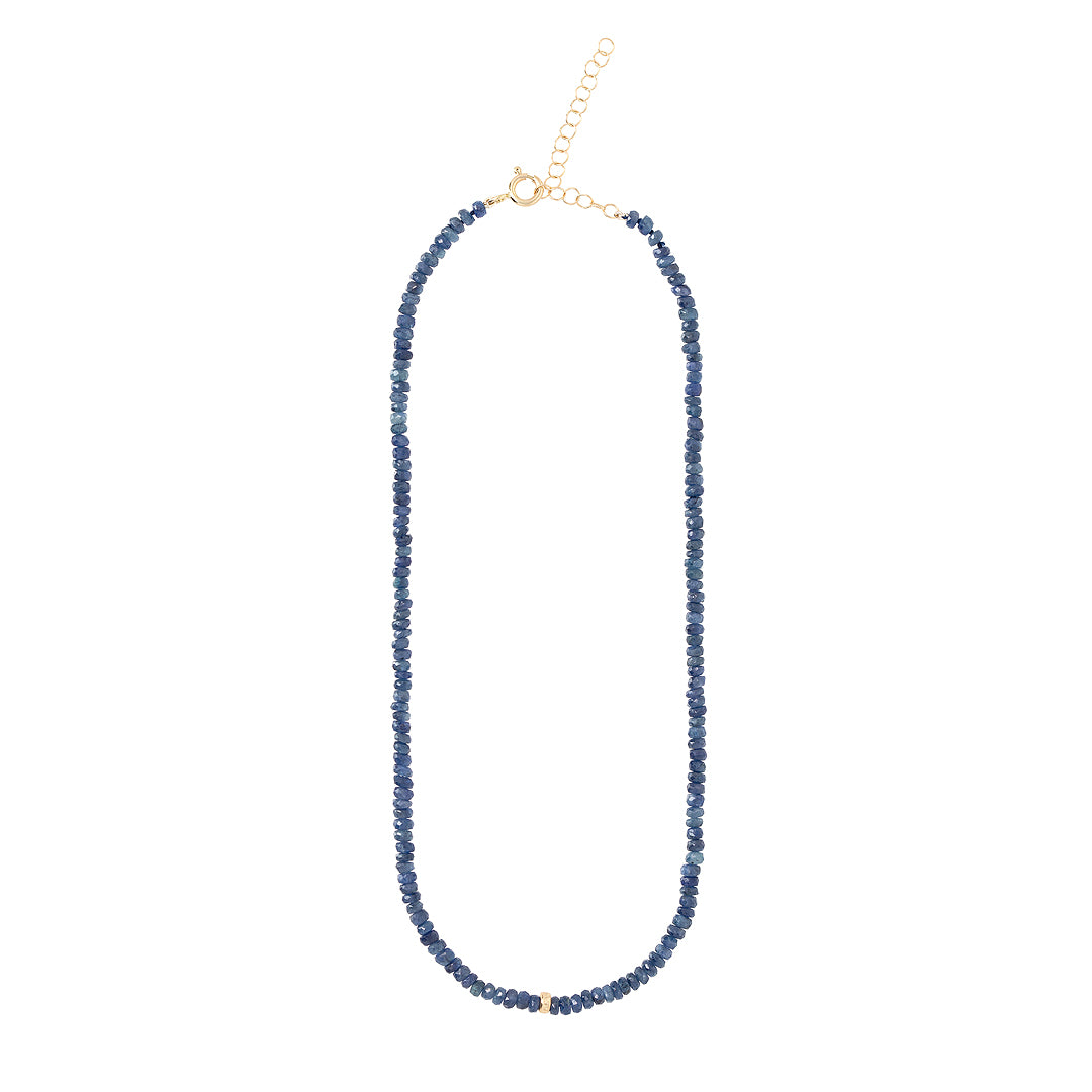 Blue Sapphire Beaded Necklace by Becket & Quill, handmade in Los Angeles - worn close-up