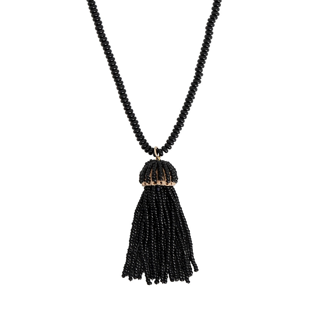 Long Black Agate Necklace by Becket & Quill, handmade in Los Angeles - worn close-up
