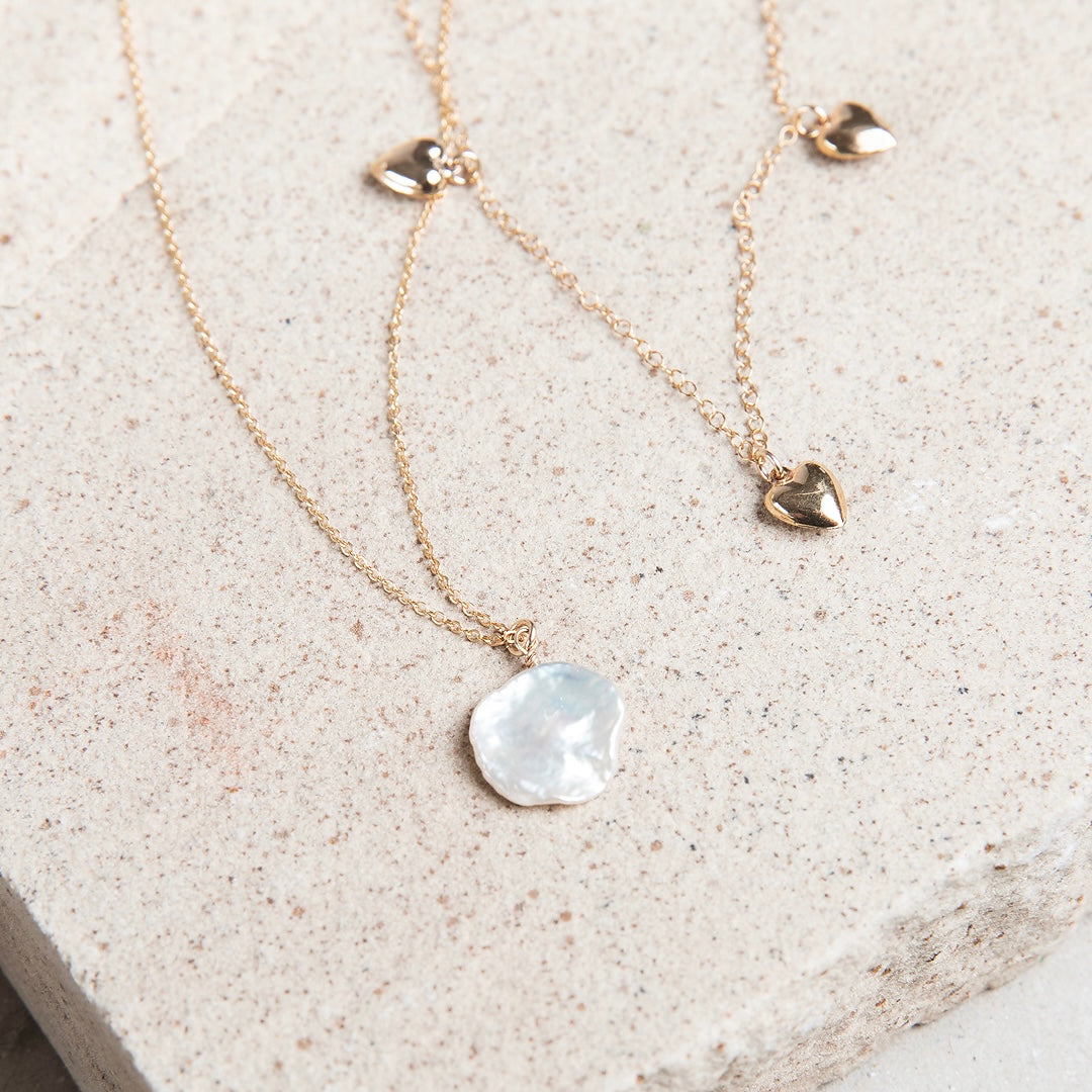 handmade in LA gold heart and freshwater pearl necklace