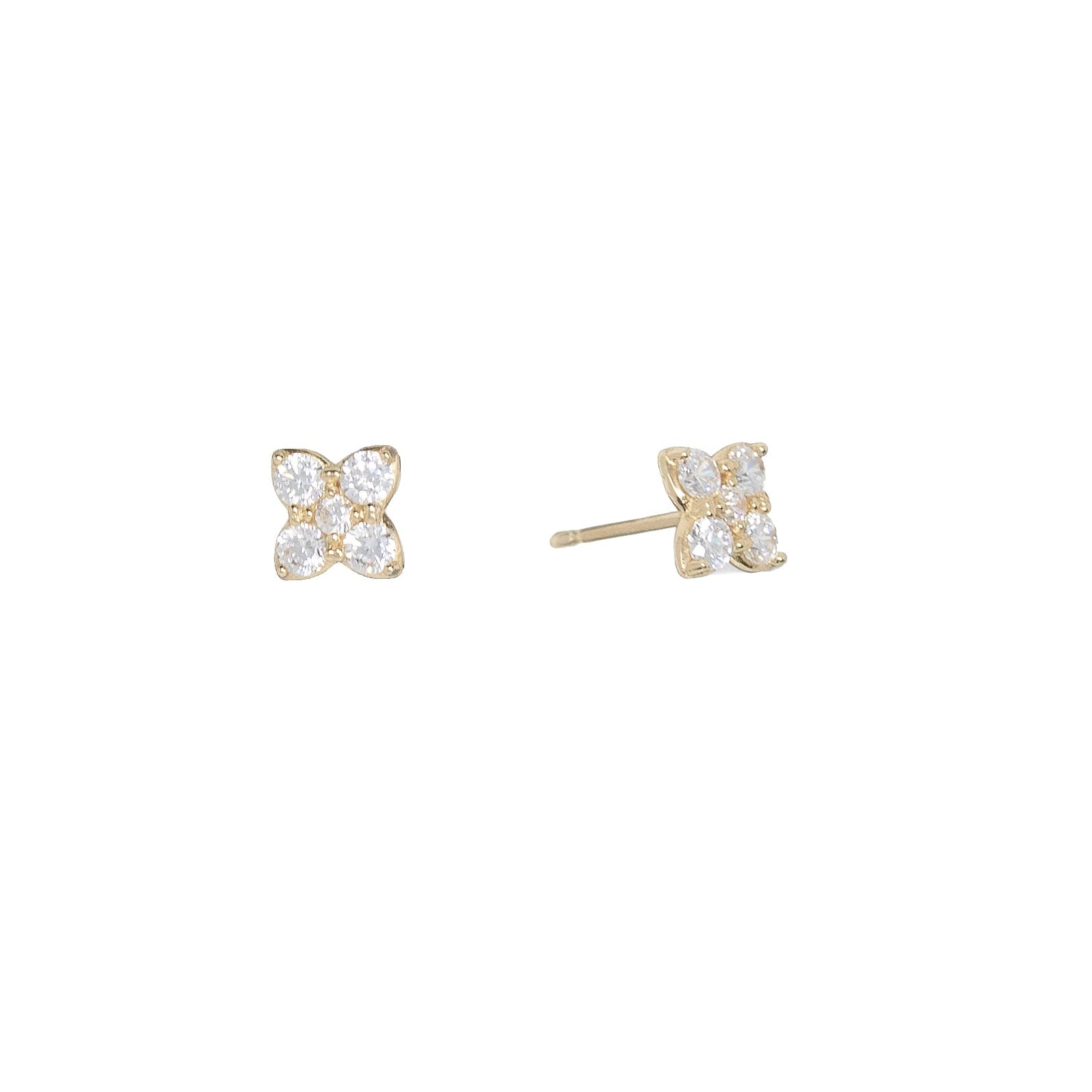 A pair of gold stud earrings with a four-petal butterfly or clover-like design, set with clear round-cut CZ gemstones