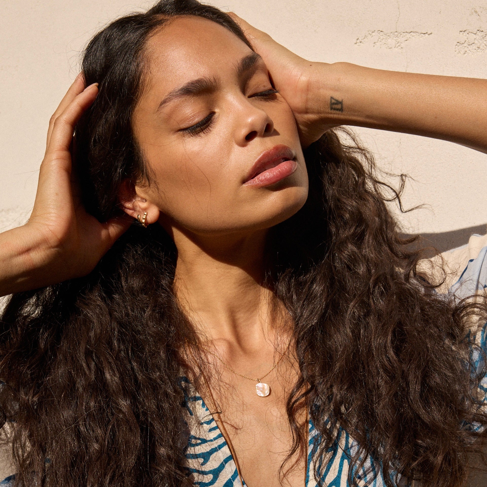 BQ + NM Petal Pearl Necklace by Becket & Quill, handmade in Los Angeles - worn close-up