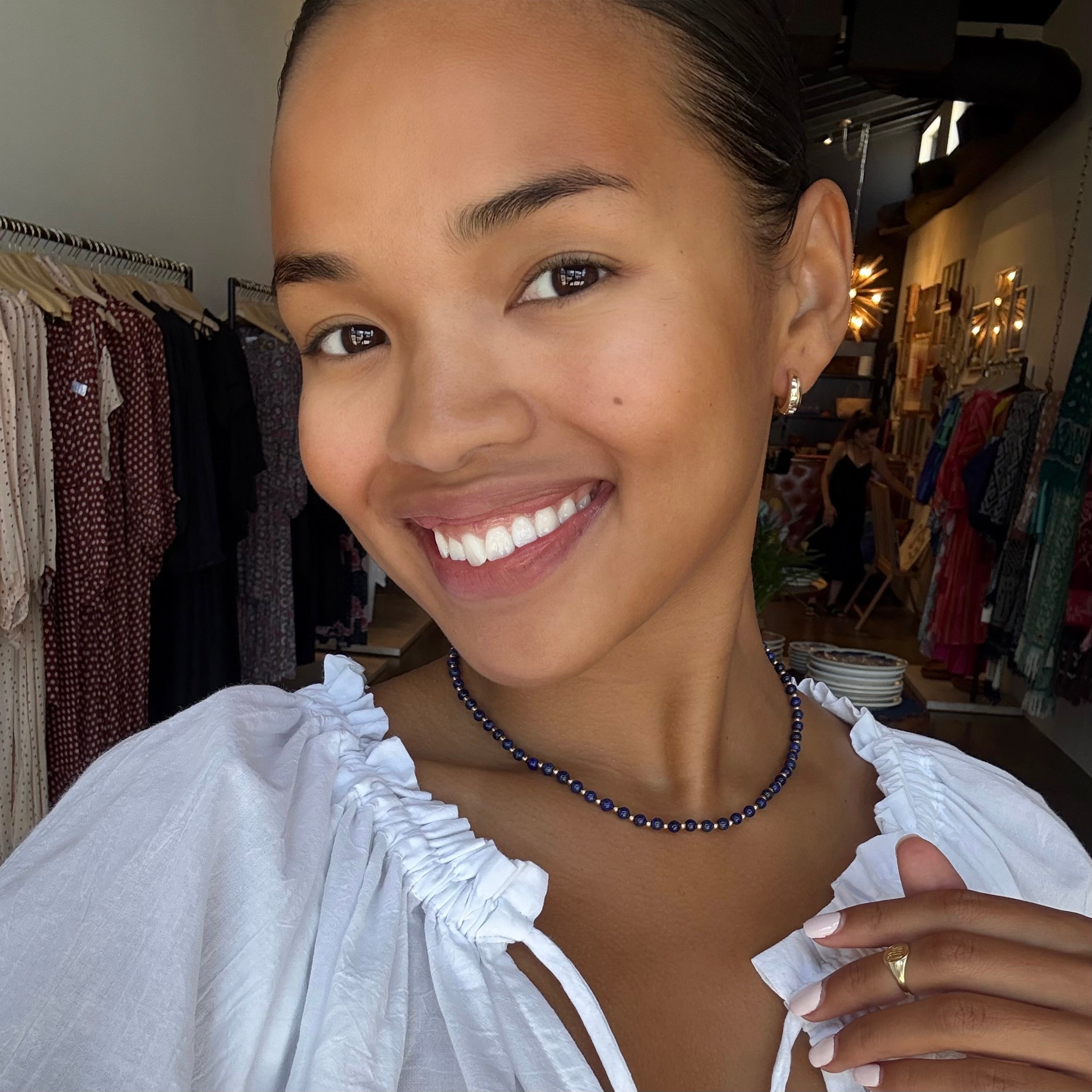 Lapis And Gold Bead Necklace by Becket & Quill, handmade in Los Angeles - worn close-up