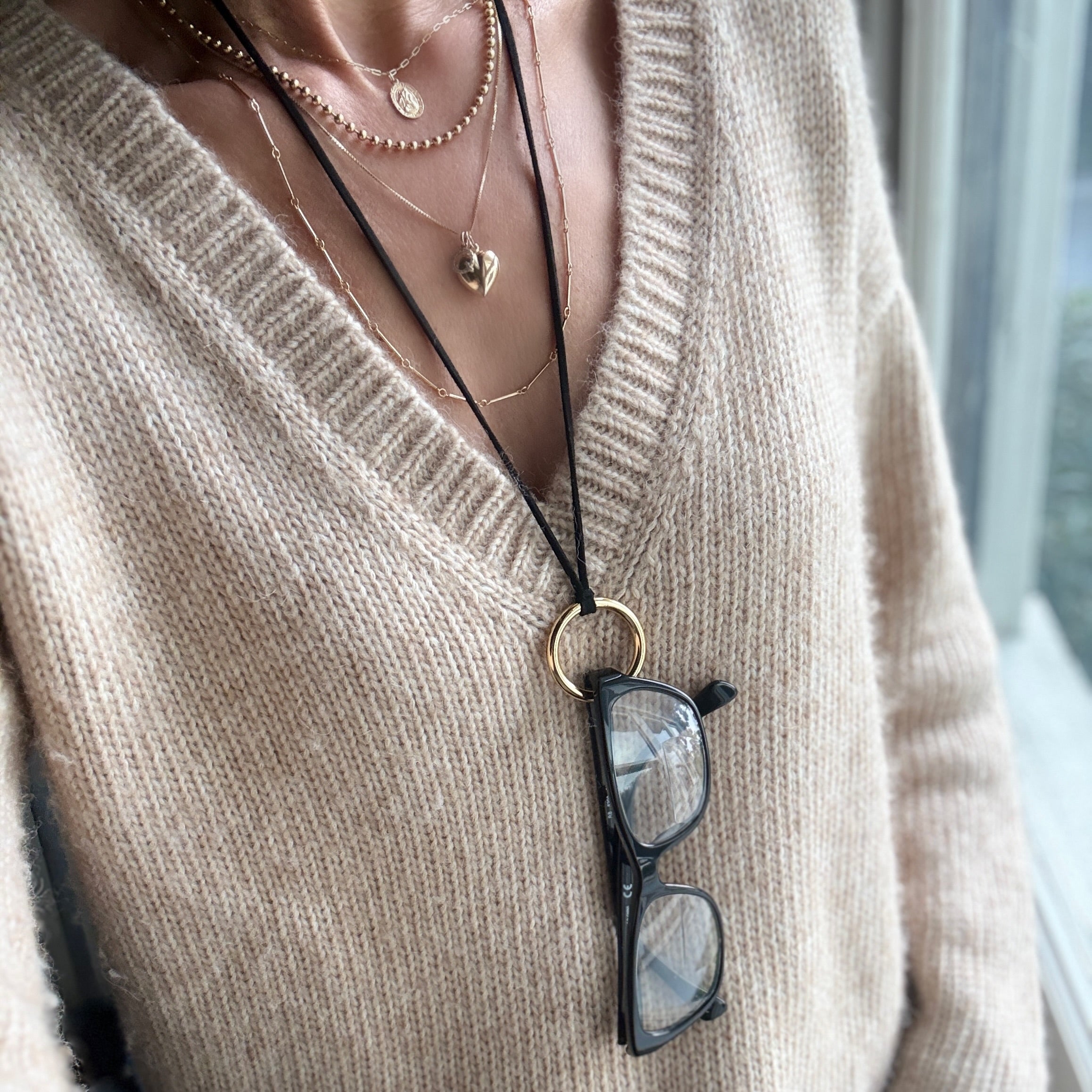 Suede Eyewear Necklace by Becket & Quill, handmade in Los Angeles - styled on model