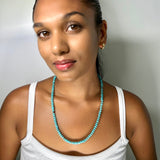 Long Turquoise Beaded Necklace by Becket & Quill, handmade in Los Angeles - styled on model