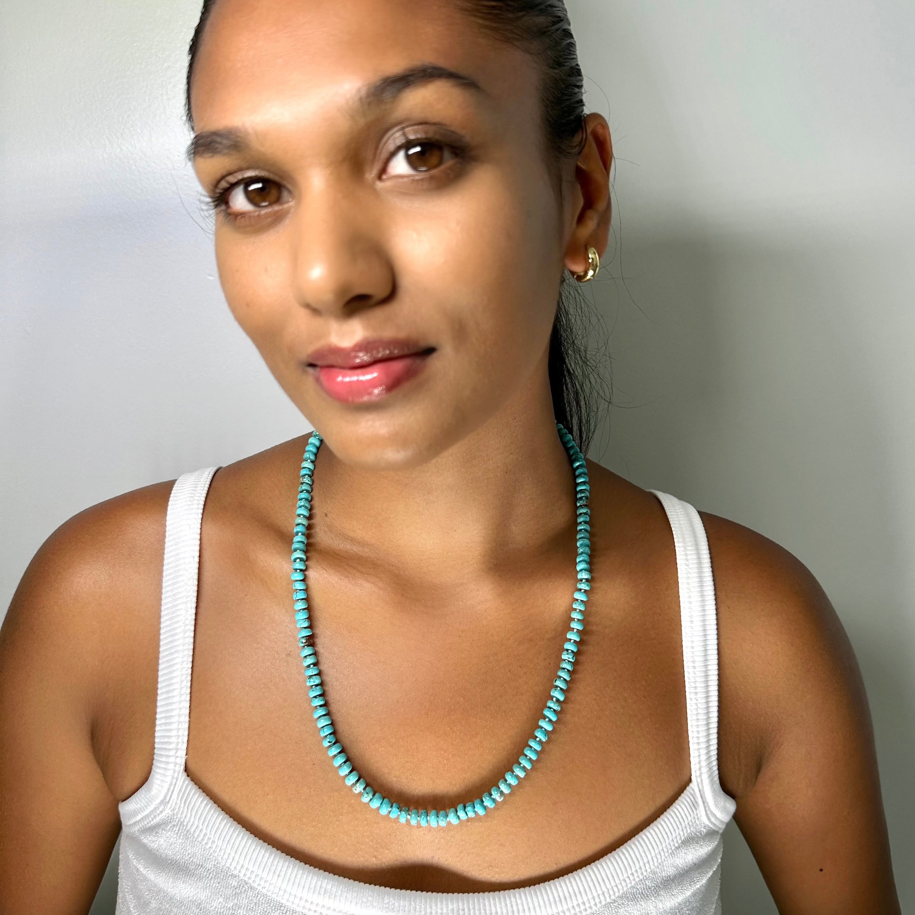 Long Turquoise Beaded Necklace by Becket & Quill, handmade in Los Angeles - styled on model