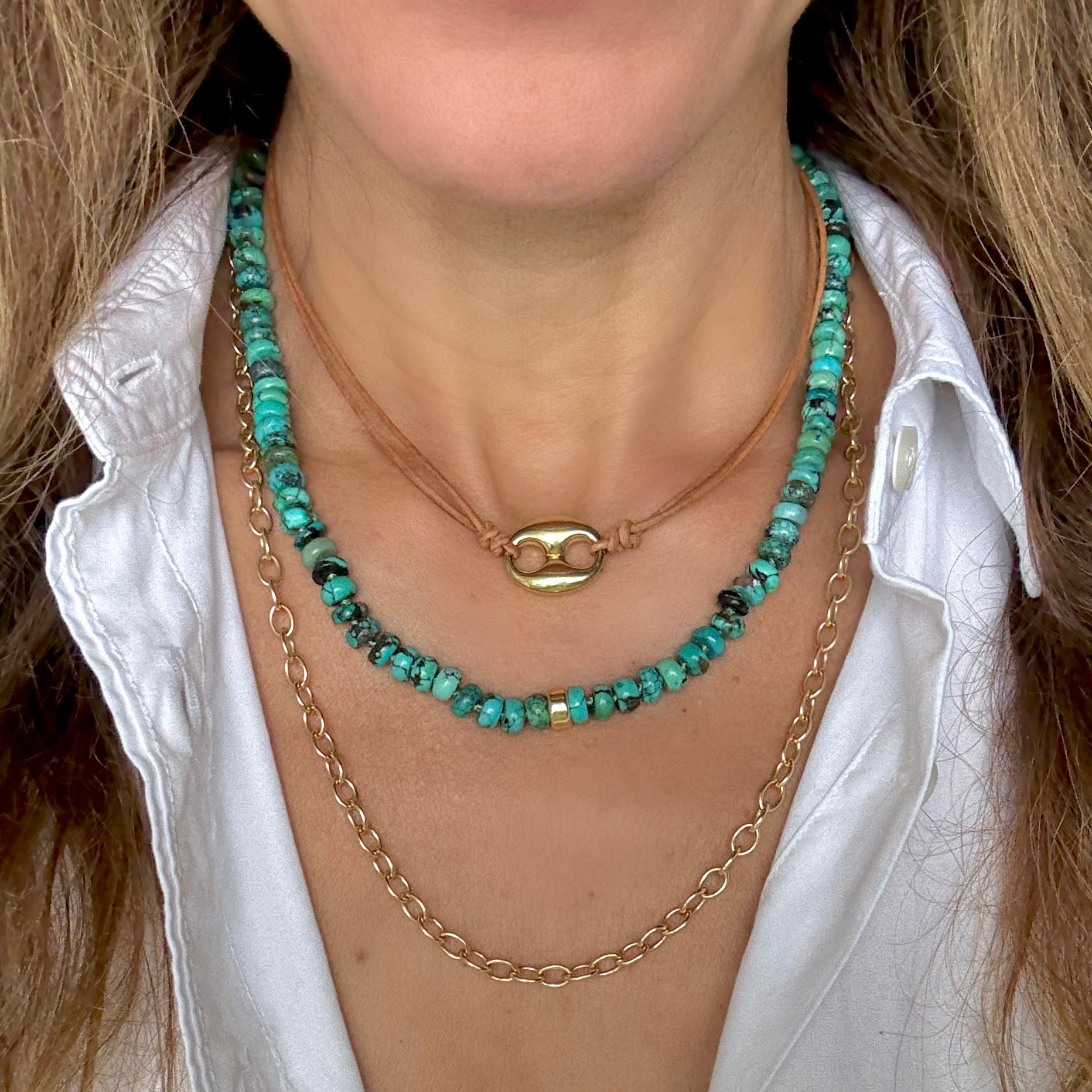 Chunky Blue Turquoise Beaded Necklace by Becket & Quill, handmade in Los Angeles - detail view