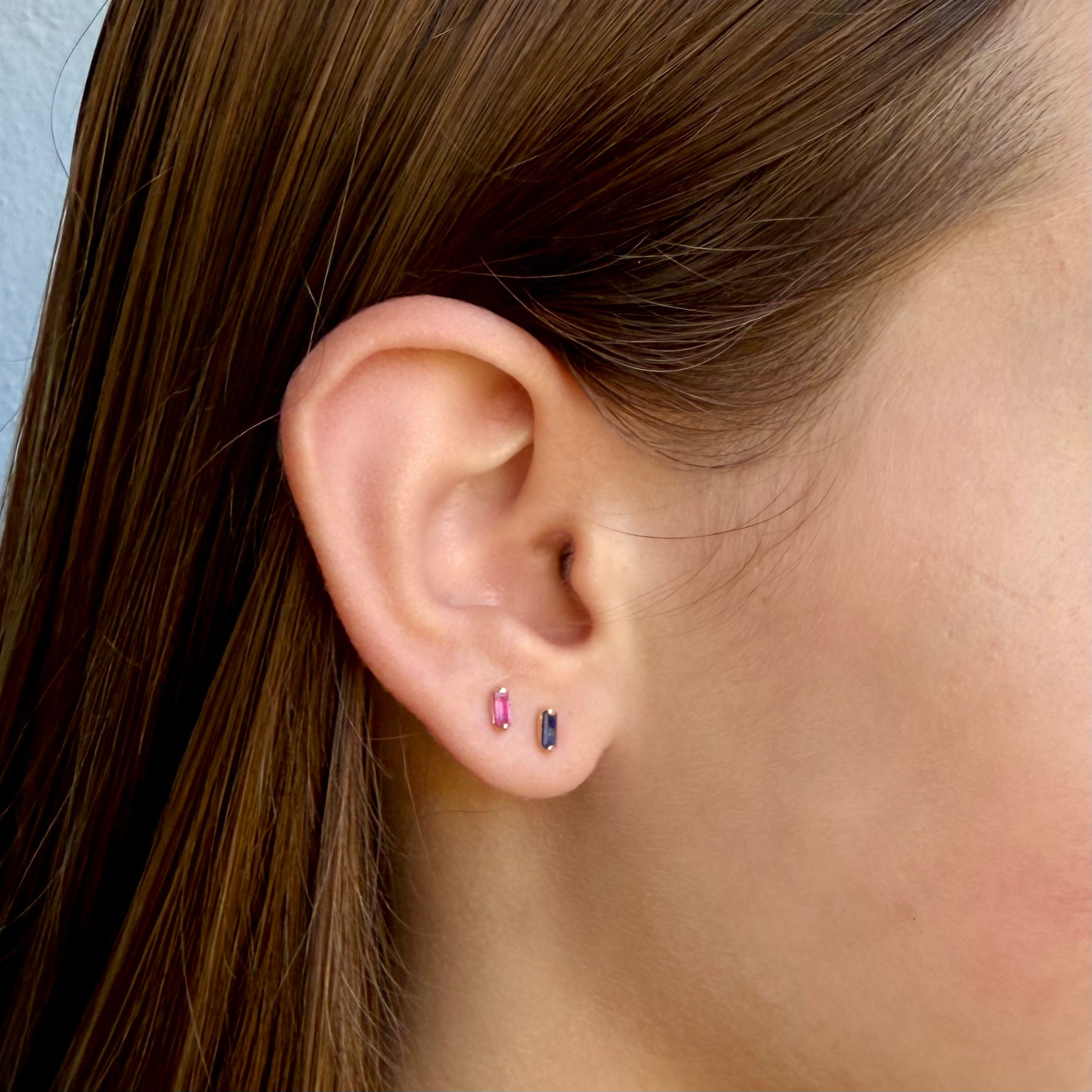 Sapphire Baguette Earrings by Becket & Quill, handmade in Los Angeles - detail view