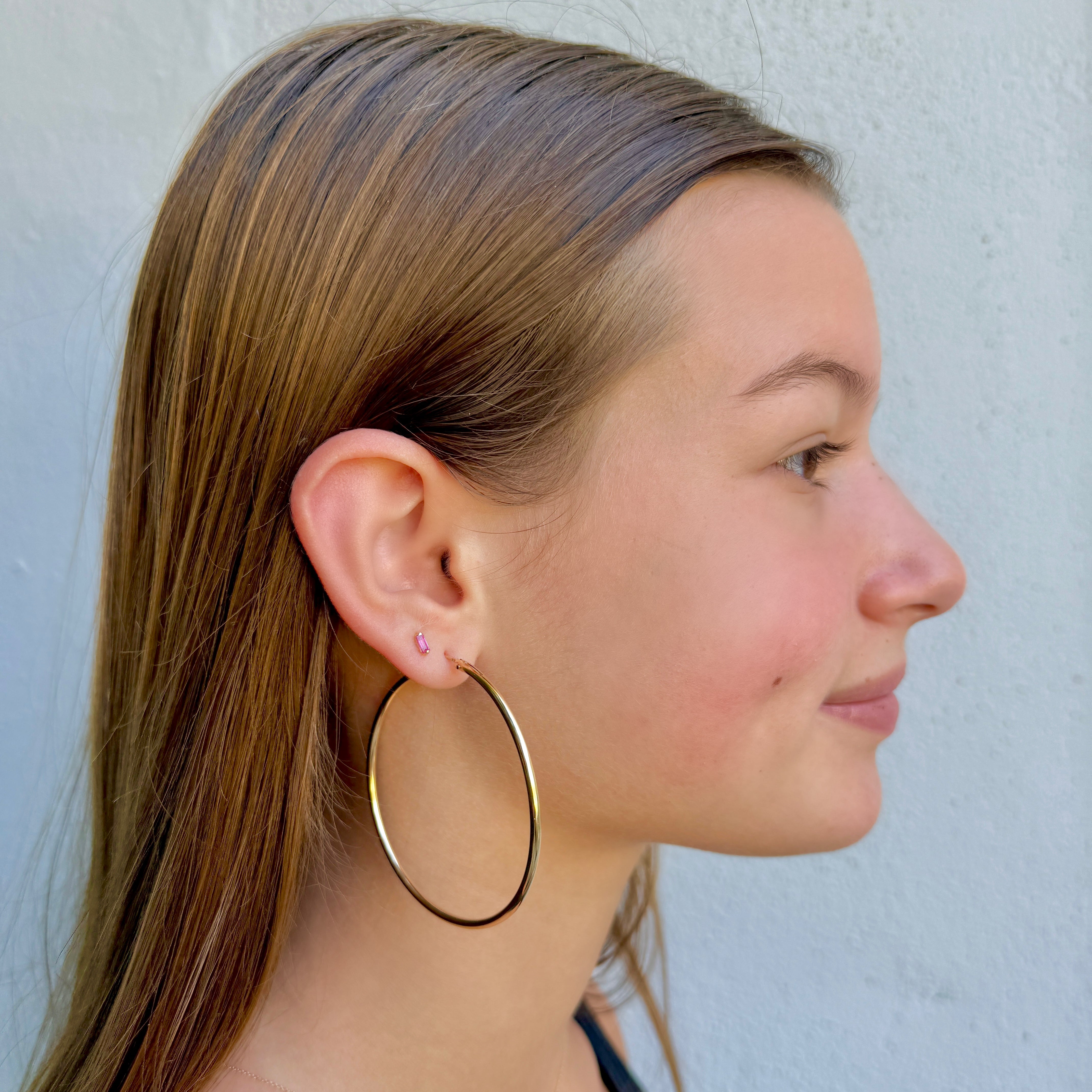 Ruby Baguette Earrings by Becket & Quill, handmade in Los Angeles - styled on model