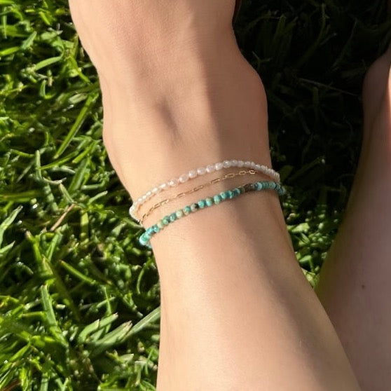 Turquoise Beaded Anklet by Becket & Quill, handmade in Los Angeles - worn close-up