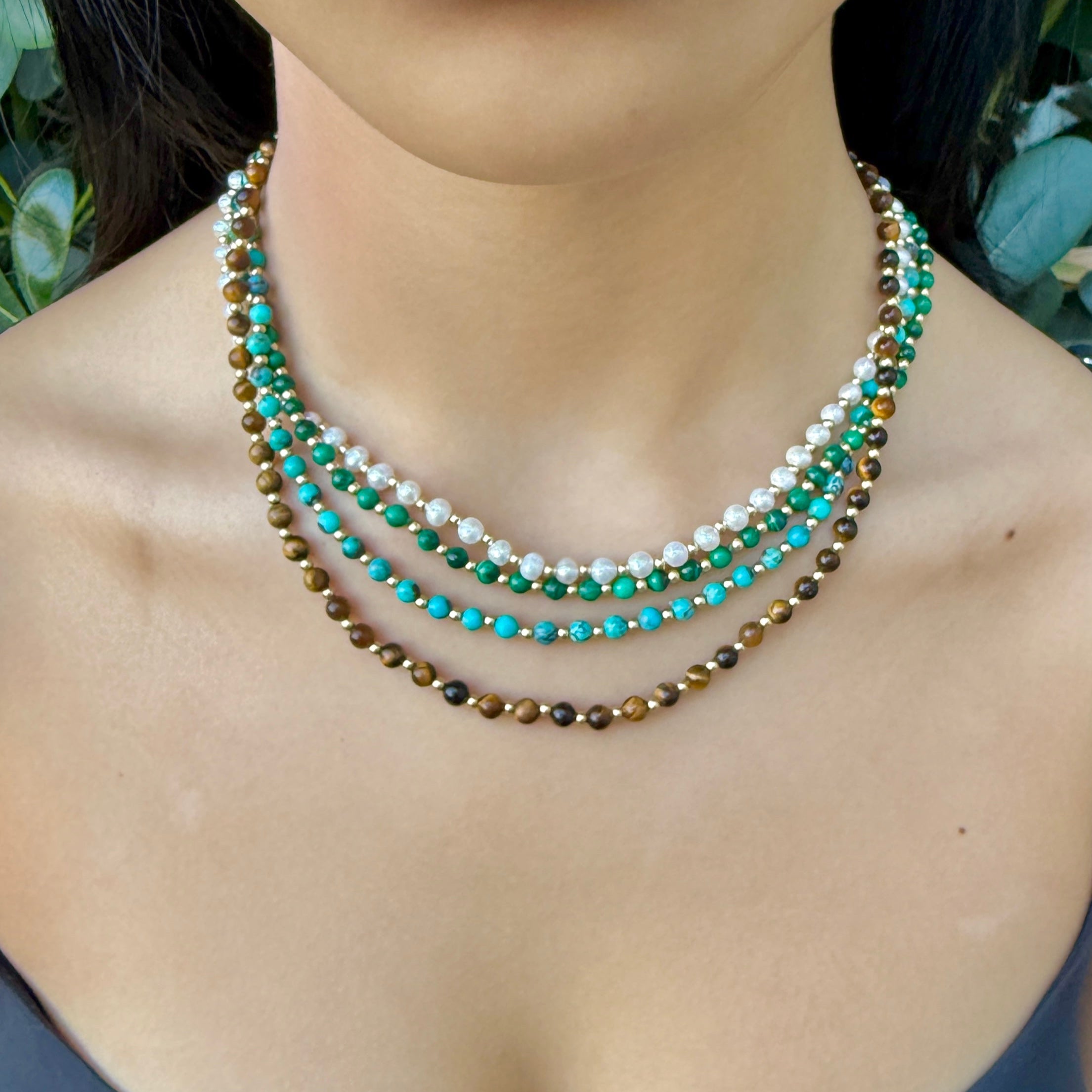 Tiger's Eye And Gold Bead Necklace by Becket & Quill, handmade in Los Angeles - detail view