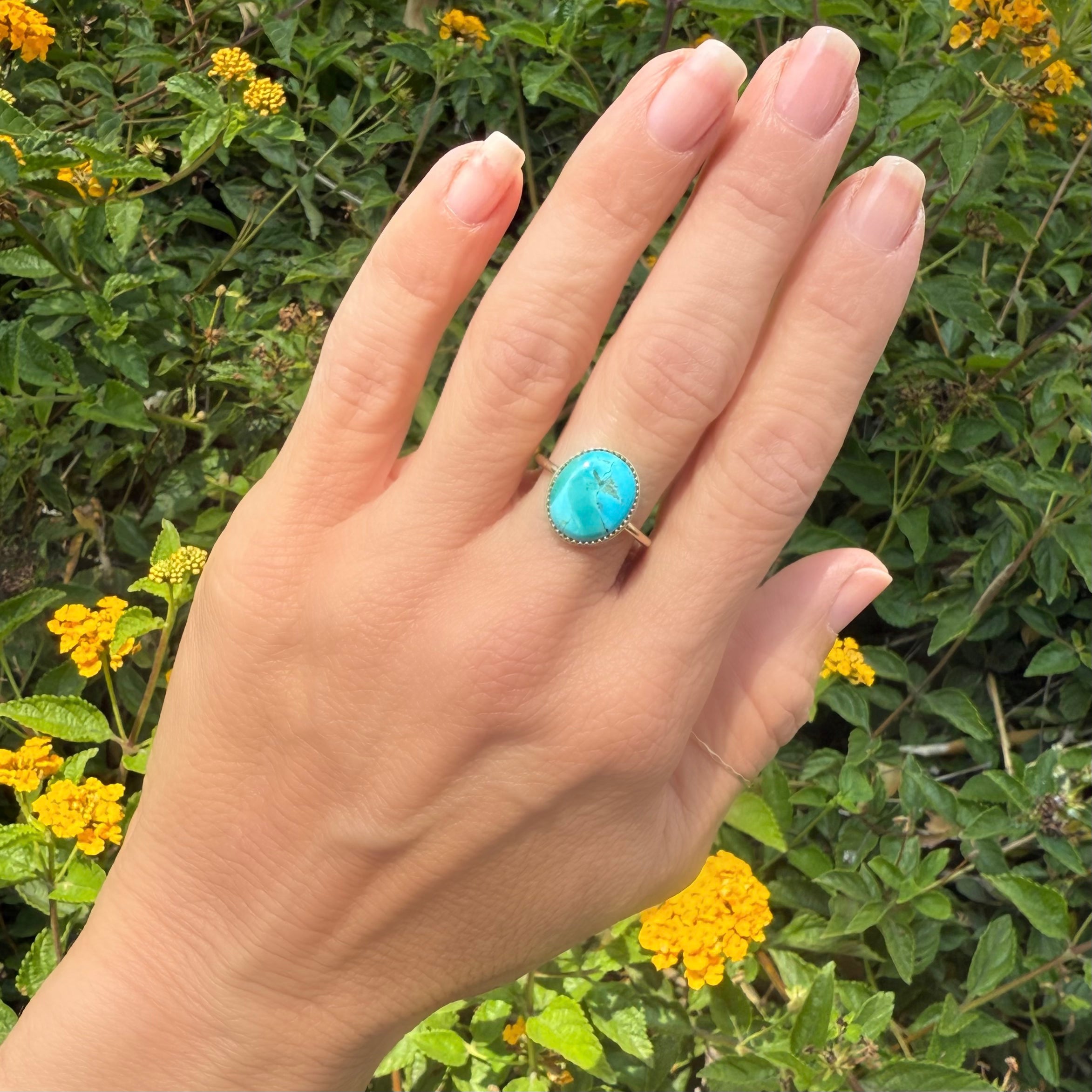 Turquoise Crown Bezel Ring by Becket & Quill, handmade in Los Angeles - detail view