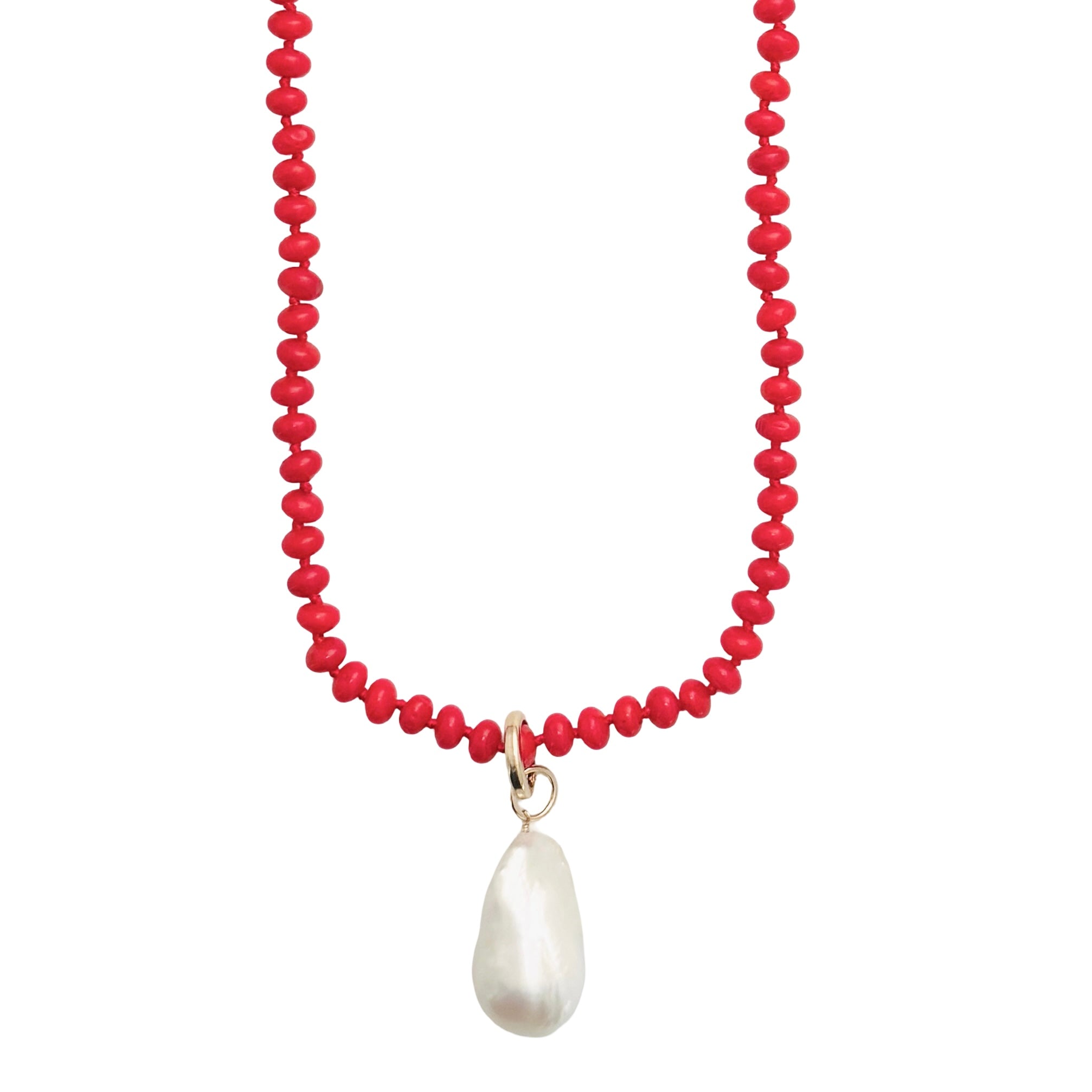 Long Coral Beaded Necklace by Becket & Quill, handmade in Los Angeles - styled on model