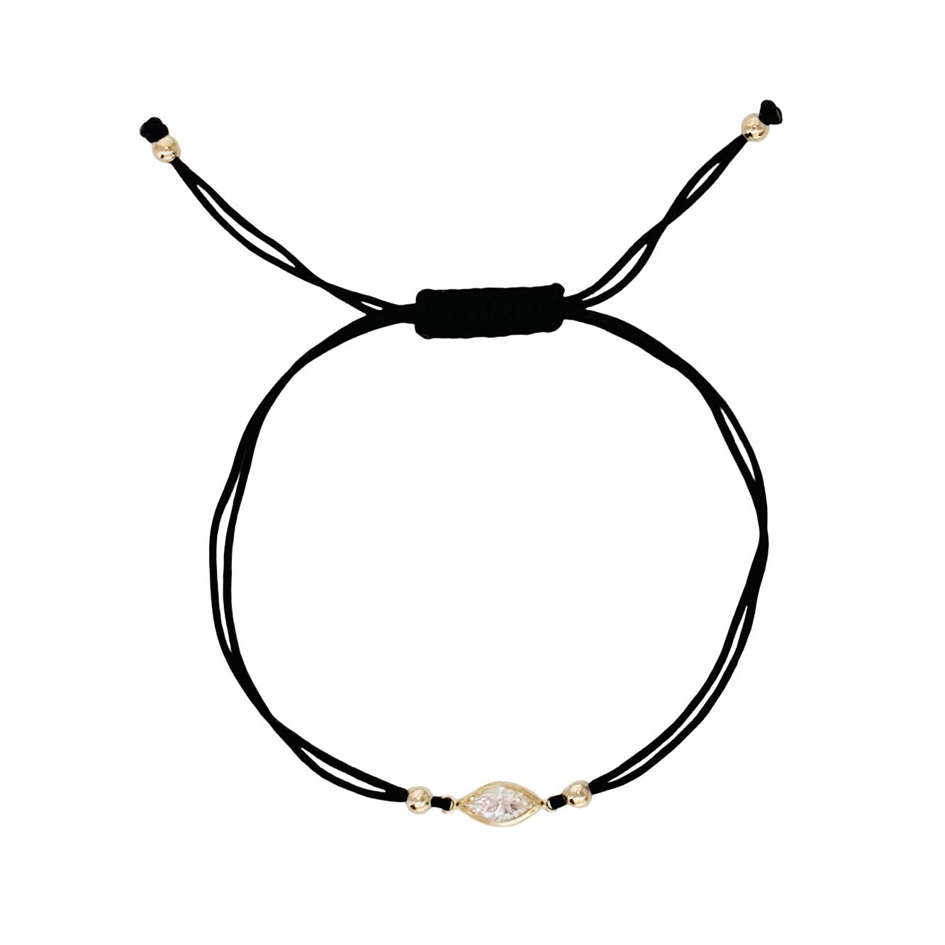 Black macrame cord bracelet with a gold and CZ charm clasp on a white background