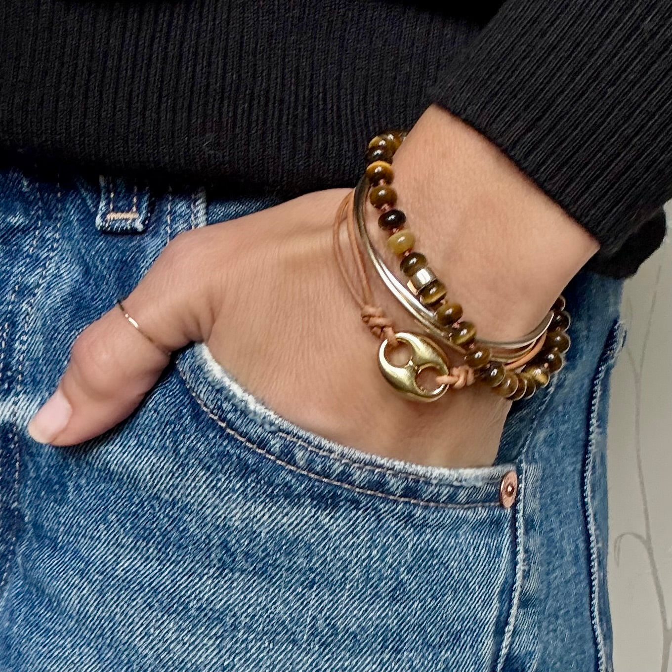 Chunky Tiger's Eye Beaded Bracelet, bar cuff bracelet stack by Becket & Quill, handmade in Los Angeles - detail view