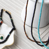 Long Tiger's Eye Necklace by Becket & Quill, handmade in Los Angeles - worn close-up