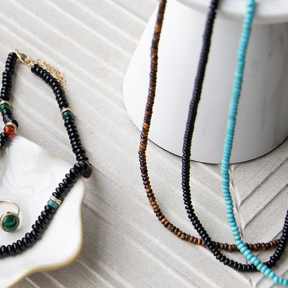 Long Tiger's Eye Necklace by Becket & Quill, handmade in Los Angeles - worn close-up