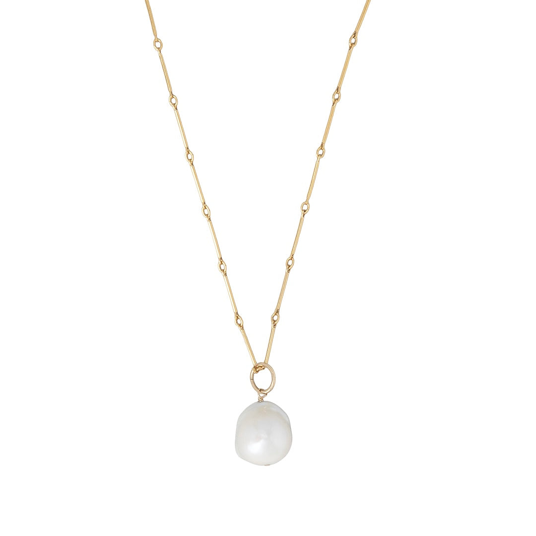 gold filled bar chain long length layering necklace with a Baroque Pearl Charm by Becket & Quill, handmade in Los Angeles - close up