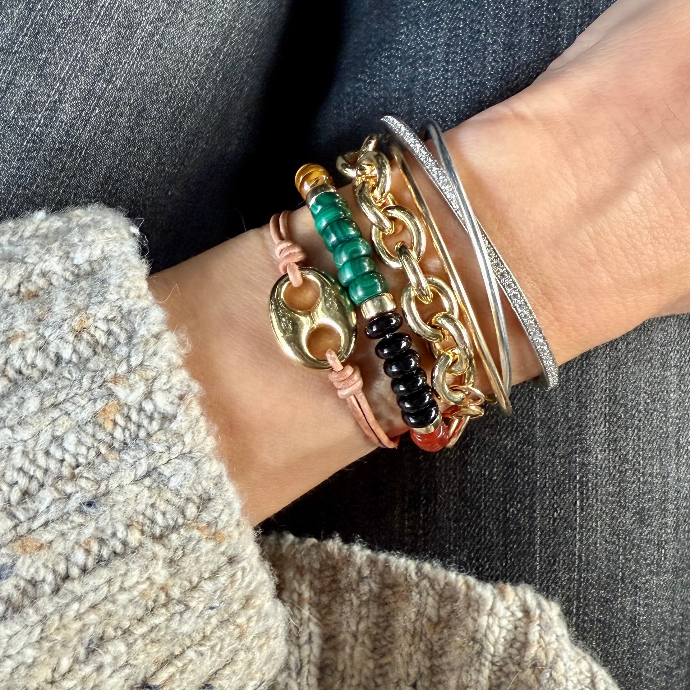 Chunky Multi-stone Bracelet , chunky gold filled link bracelet, gold filled bar bracelet by Becket & Quill, handmade in Los Angeles - detail view
