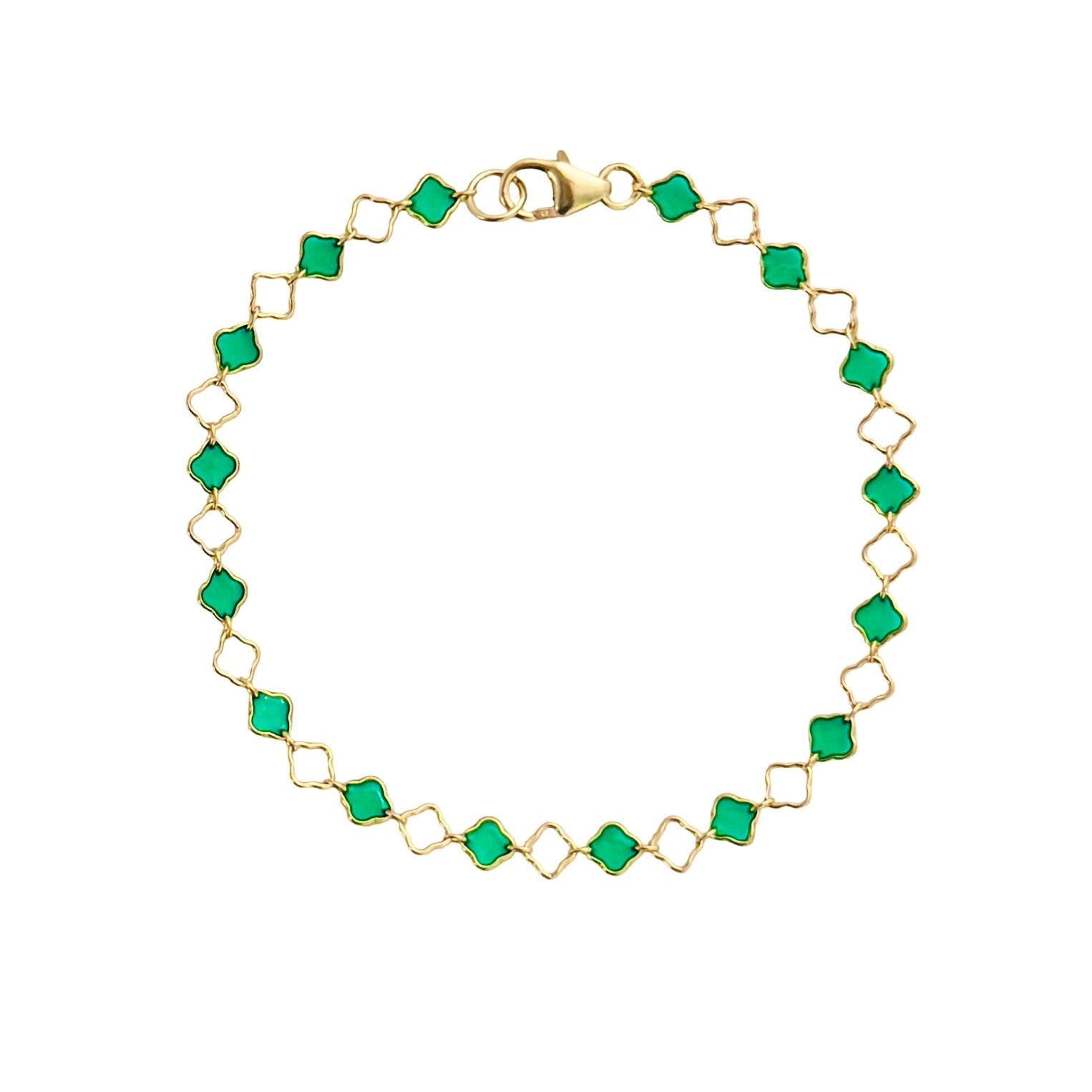 A gold filled clover chain bracelet featuring alternating green clover and gold clovers, with a gold lobster clasp