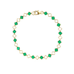 A gold filled clover chain bracelet featuring alternating green clover and gold clovers, with a gold lobster clasp
