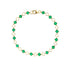 A gold filled clover chain bracelet featuring alternating green clover and gold clovers, with a gold lobster clasp