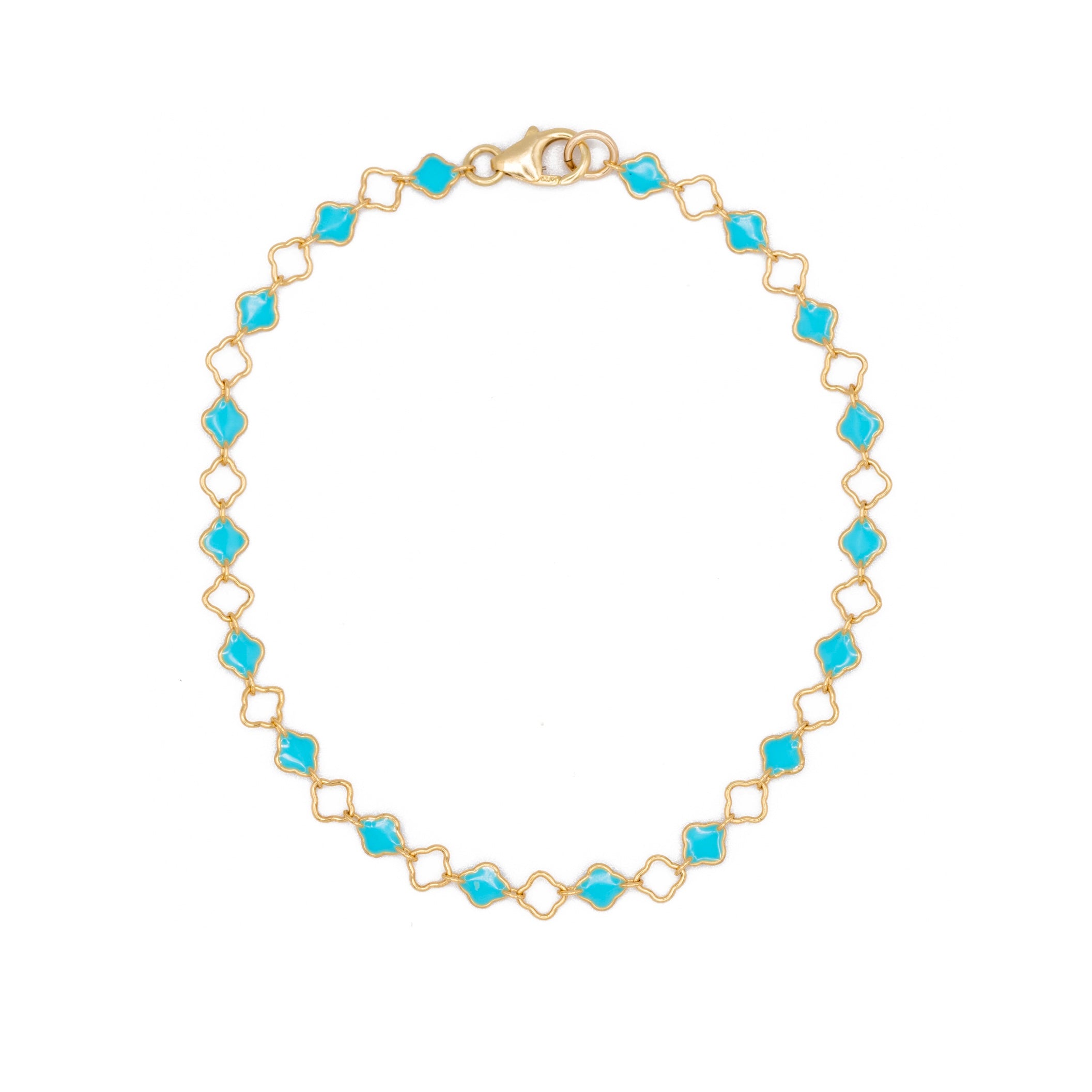 A gold chain bracelet featuring repeating turquoise clover diamond-shaped inlays and clover shaped gold chain