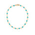 A gold chain bracelet featuring repeating turquoise clover diamond-shaped inlays and clover shaped gold chain