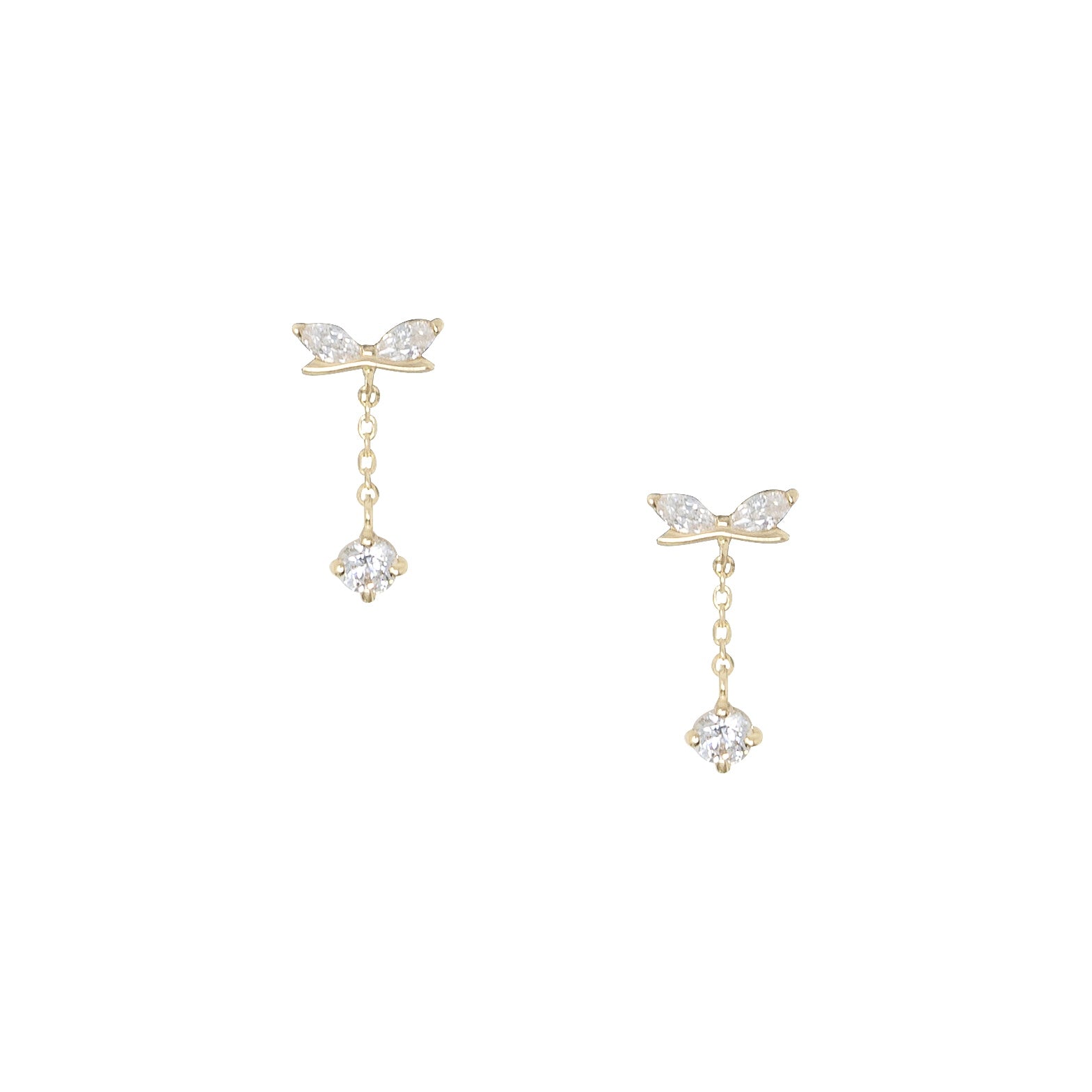 A pair of gold dangle earrings with butterfly-shaped studs set with clear marquise-cut gemstones and a dangling clear round gemstone