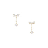 A pair of gold dangle earrings with butterfly-shaped studs set with clear marquise-cut gemstones and a dangling clear round gemstone