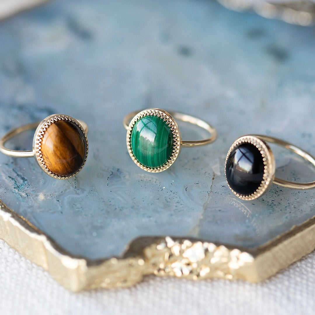 Malachite onyx tigers eye Crown Bezel Ring by Becket & Quill, handmade in Los Angeles - worn close-up