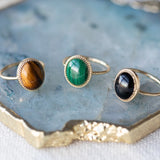 Malachite onyx tigers eye Crown Bezel Ring by Becket & Quill, handmade in Los Angeles - worn close-up