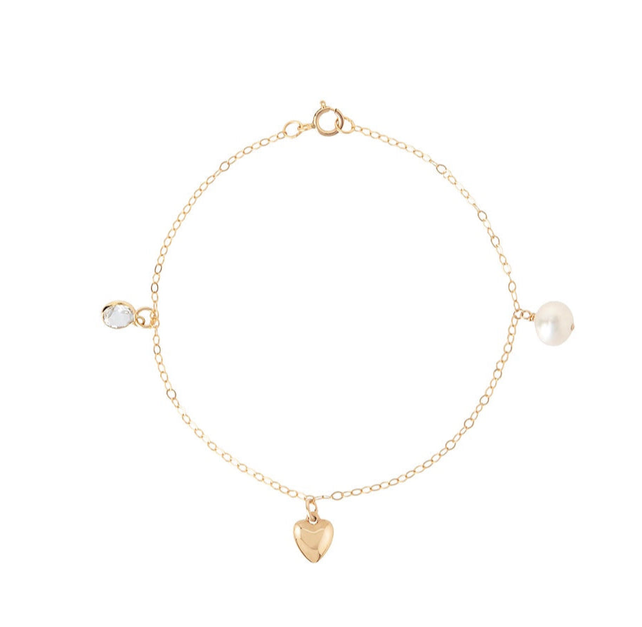 gold Charm Bracelet with freshwater pearl, heart and cz charm by Becket & Quill, handmade in Los Angeles