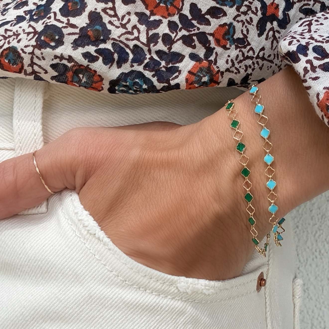 green and teal gold filled and enamel bracelet