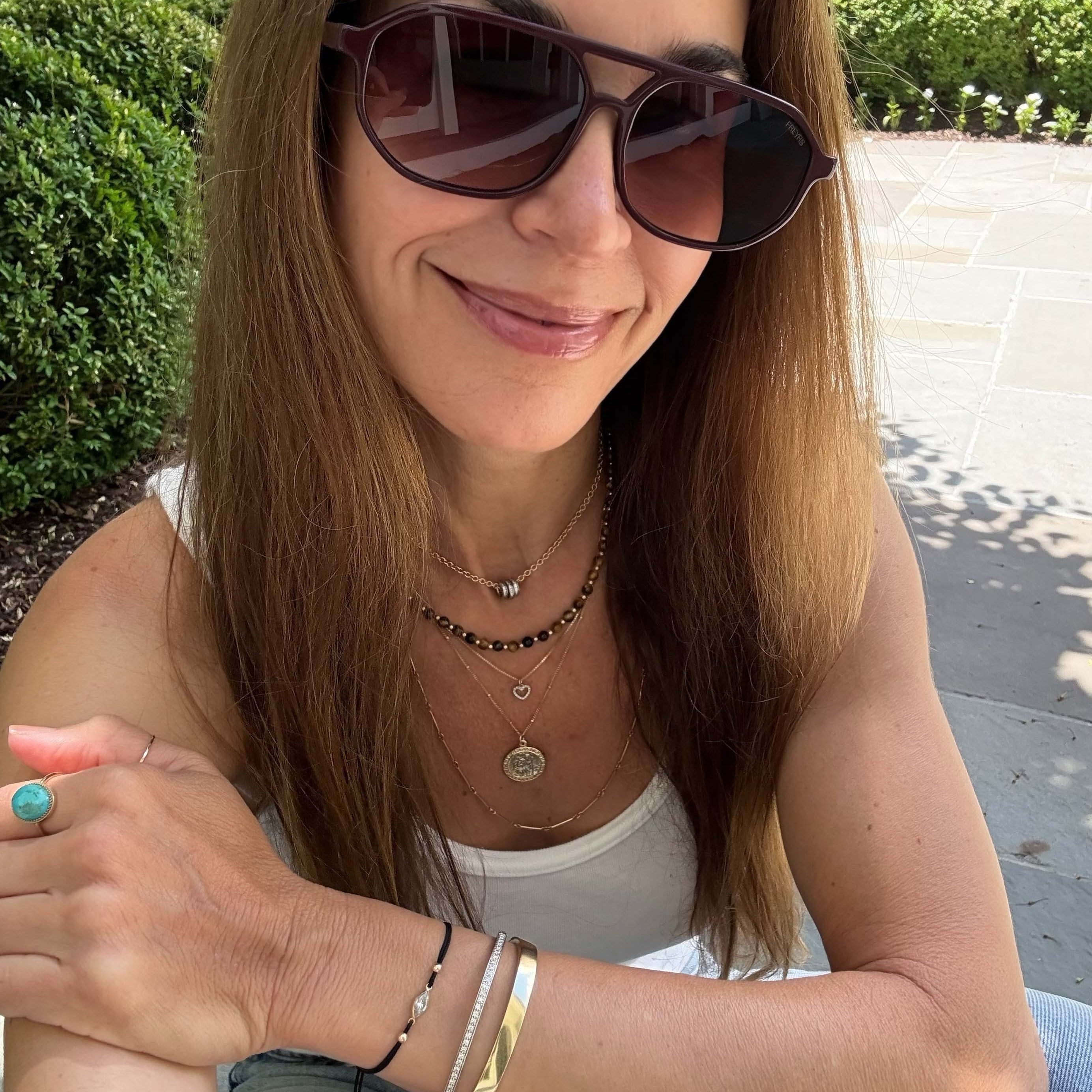 layered necklace look turquoise ring macrame bracelet stack