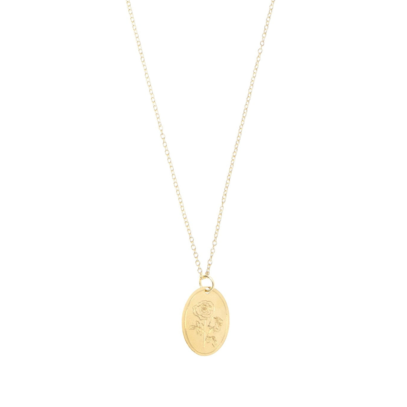 gold oval pendant necklace with rose engraved