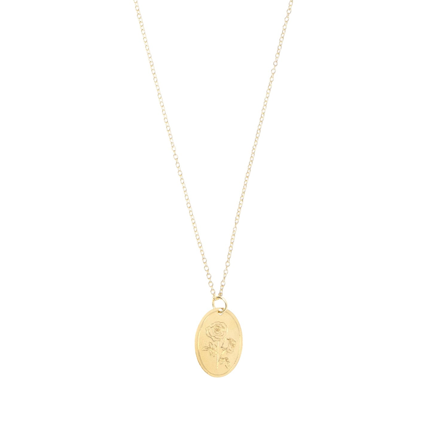gold oval pendant necklace with rose engraved