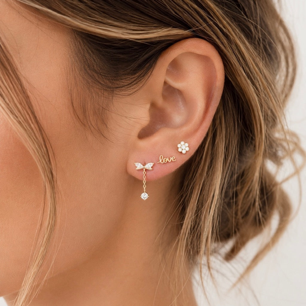 love script earring 14k crystal flower earring stud chain drop earring ear scape