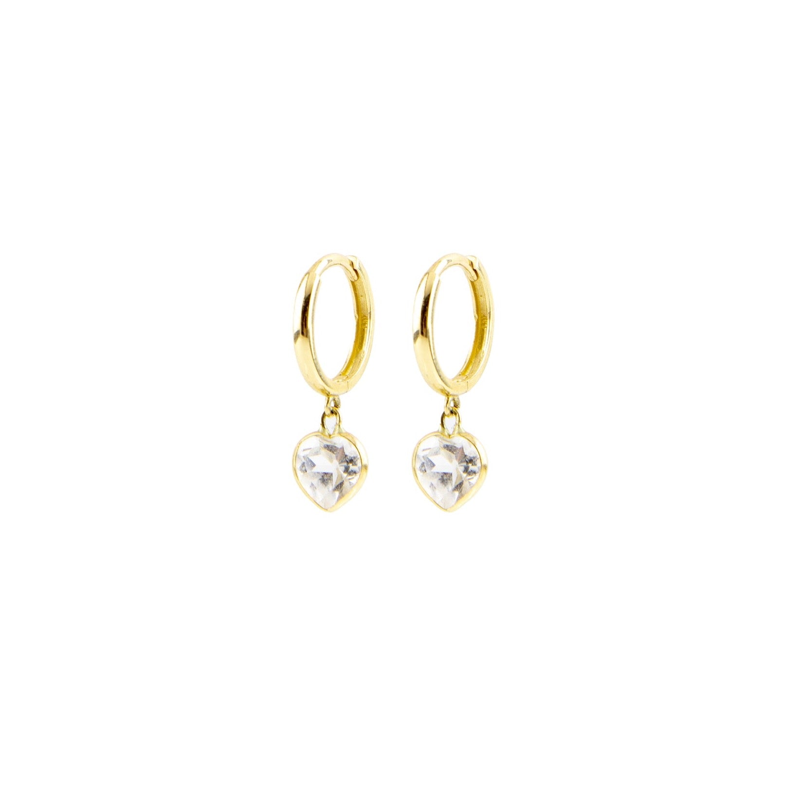 crystal Heart drop Huggies hoop earrings by Becket & Quill, handmade in Los Angeles