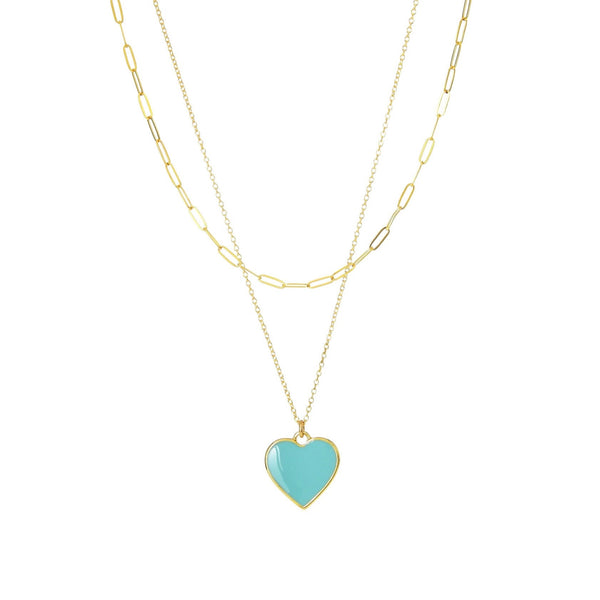 Two Tone Heart Necklace - Turquoise Enamel and Opal - KAMARIA