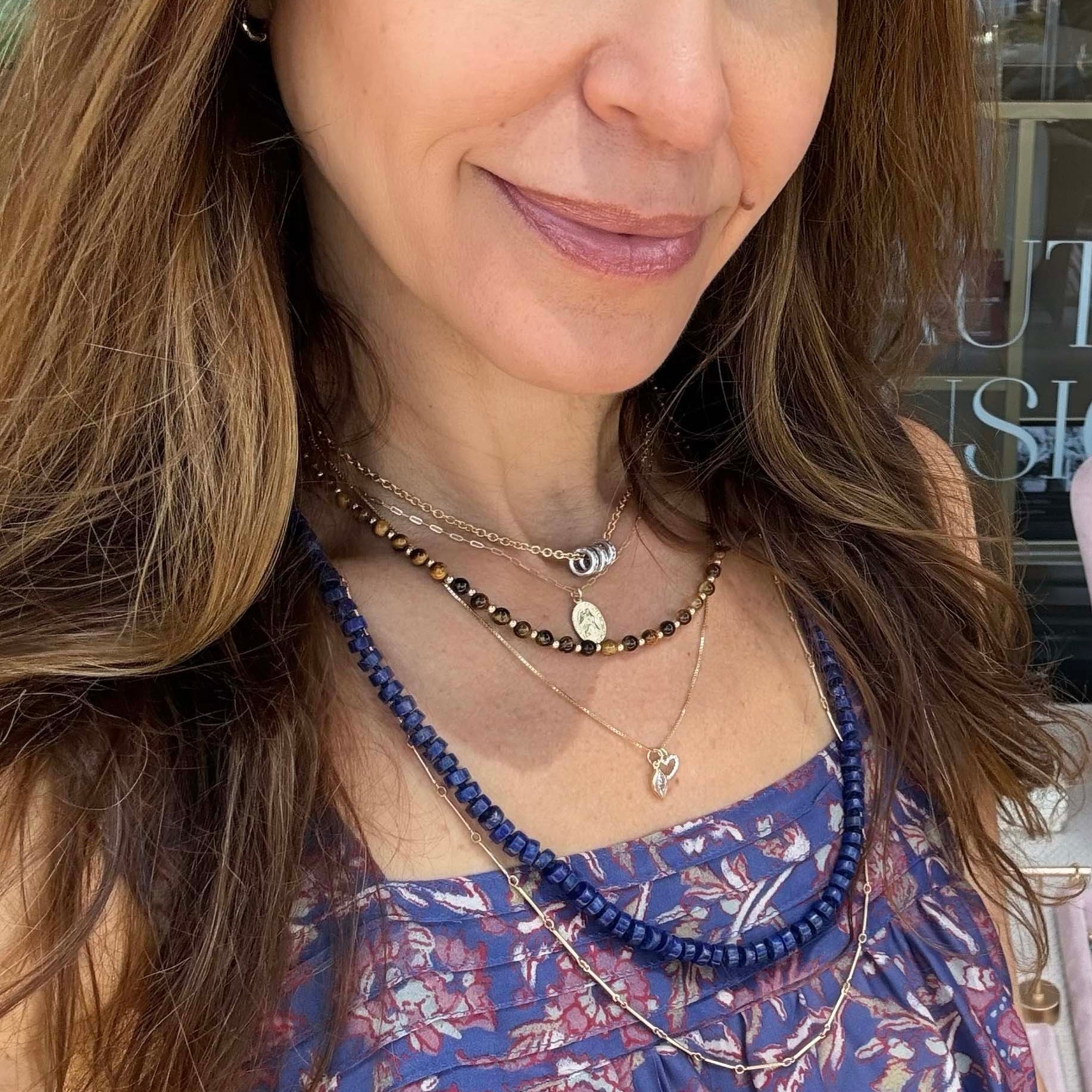 layered necklace look with lapis necklace and gold filled necklace