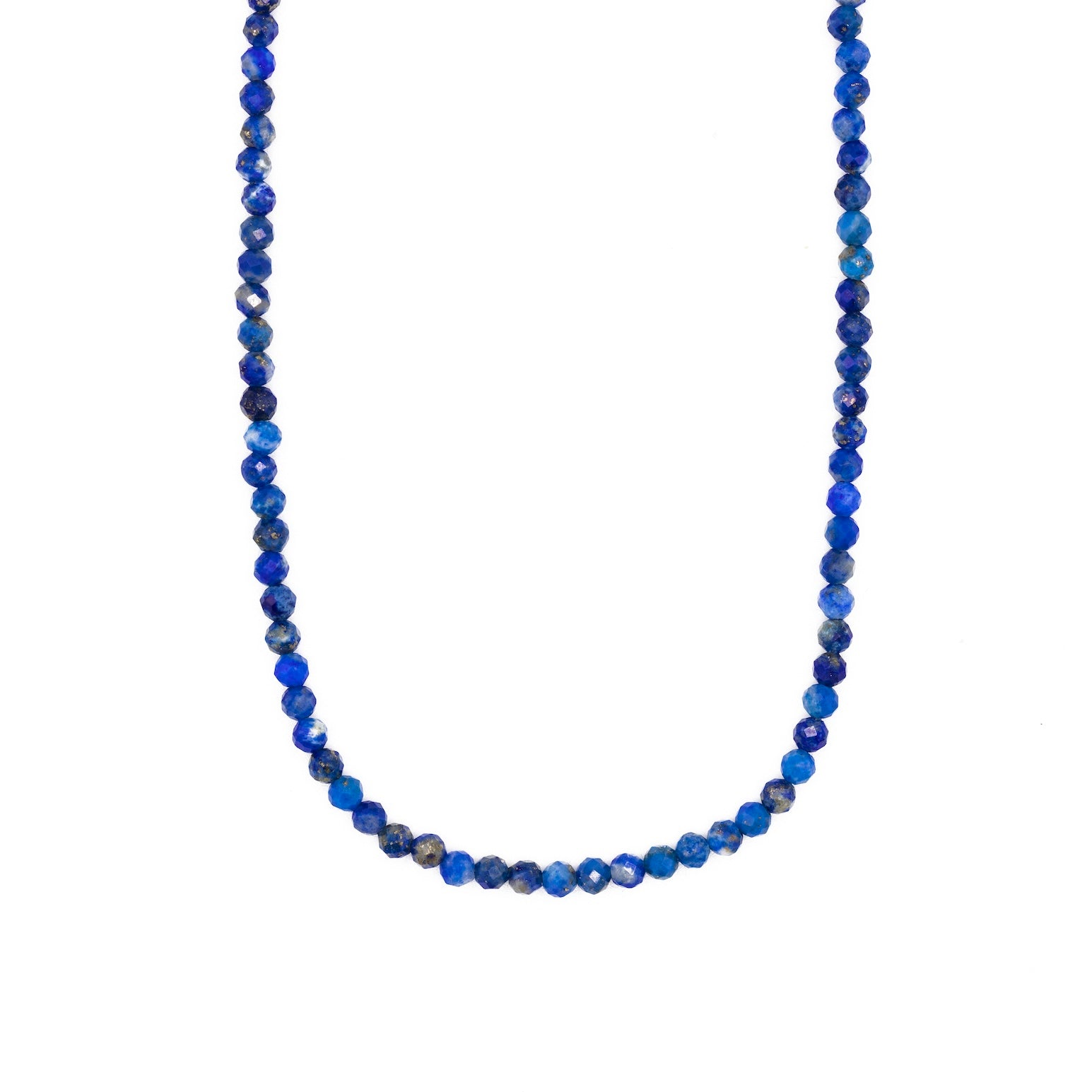A mini beaded necklace made of faceted blue lapis lazuli stones