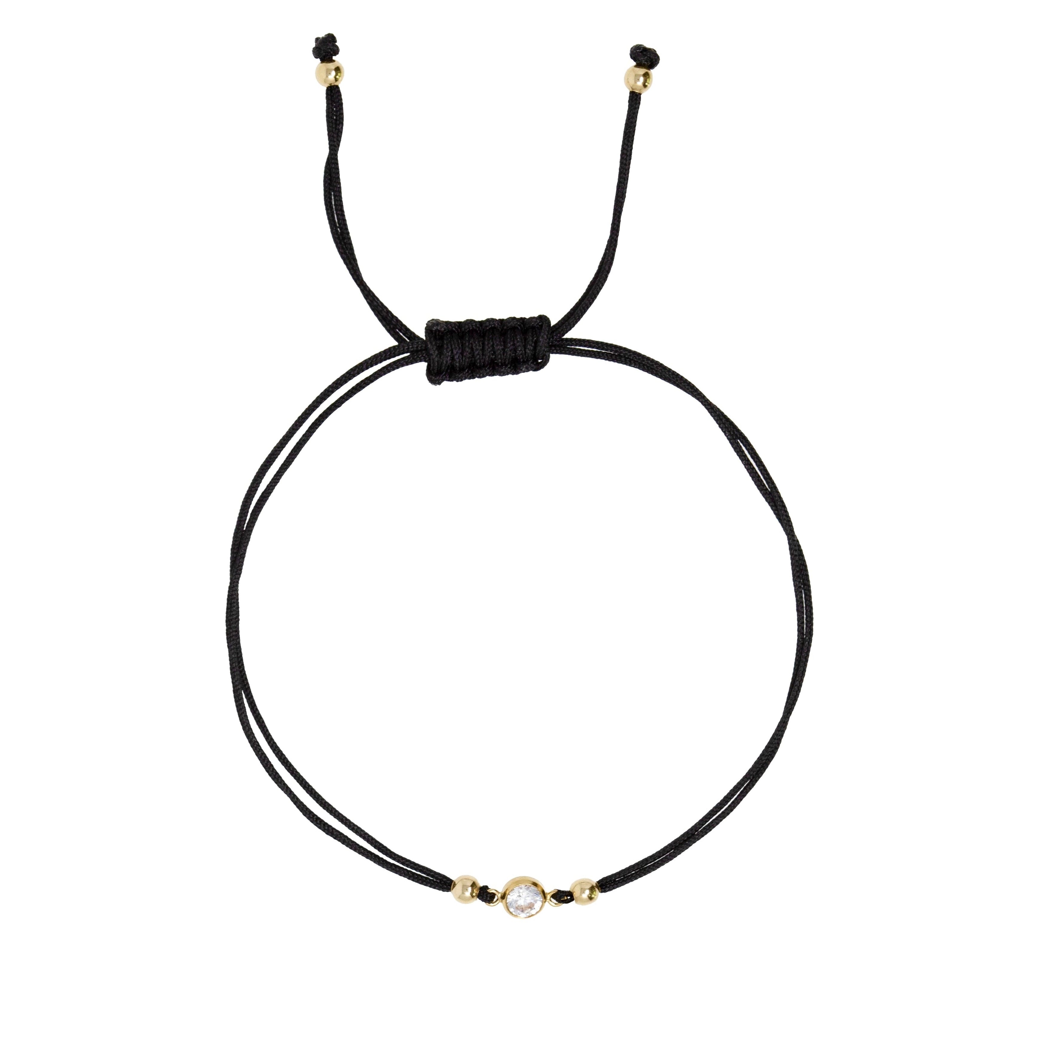 Black macrame cord bracelet with a small round CZ charm 