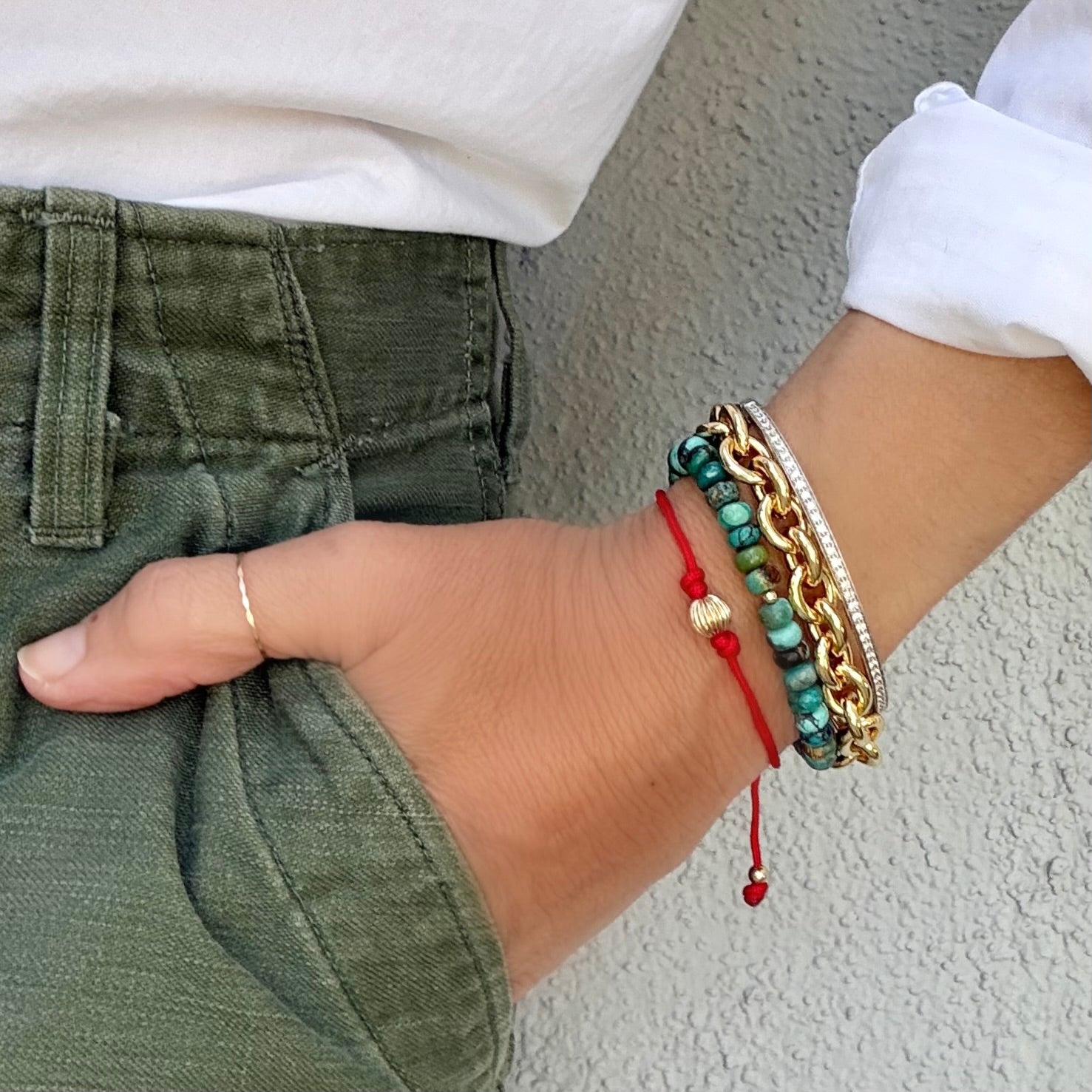 Red Macrame Bracelet with gold filled bead, natural turquoise beaded bracelet, gold chain link bracelet by Becket & Quill, handmade in Los Angeles - detail view